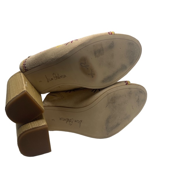 Sam Edelman Beige Boho Embroidered Floral Block Heel Mules Peep Toe “Olive” - Picture 15 of 15